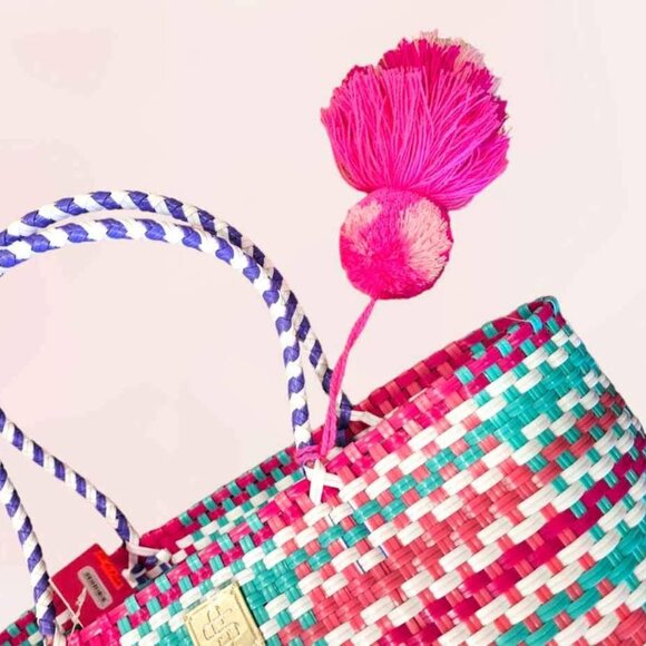 NWT Simply Southern Woven Purple Puppy Pink Pom Pom Big Tote - Picture 8 of 8